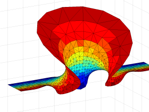 Gamma function minimal surface for z in 0.5<Re(z)<3.5, -8<Im(z)<8. Color denotes Re(z).