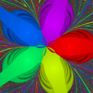 Gravity fractal for N=5, trap radius = 0.01.